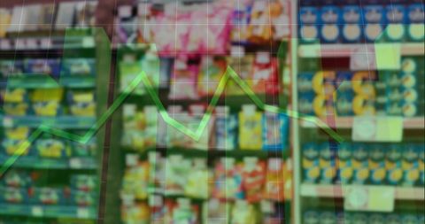 Retail analytics trend showing green line graph overlay on supermarket shelves and packaging