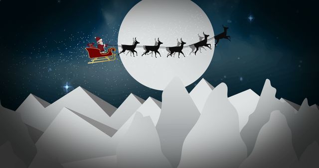 Santa Claus riding in a sleigh pulled by reindeer, soaring over snowy mountain peaks on a clear night with a full moon. Stars and snowflakes can be seen in the starry sky, creating a magical festive atmosphere. Perfect for holiday greeting cards, festive advertisements, Christmas-themed decorations, and winter holiday promotions.