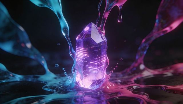 Neon crystal prism emitting purple glow with cyan and magenta liquid splash futuristic