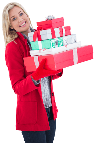 ideal for e-commerce websites, holiday season promotions, and greeting cards, this transparent image of a cheerful blonde woman holding a festive stack of colorful gifts highlights joy and celebration. the transparency allows seamless integration into diverse media projects easily.