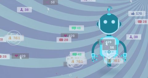 Flying Robot with Notifications Concept on Striped Background - Download Free Stock Images Pikwizard.com