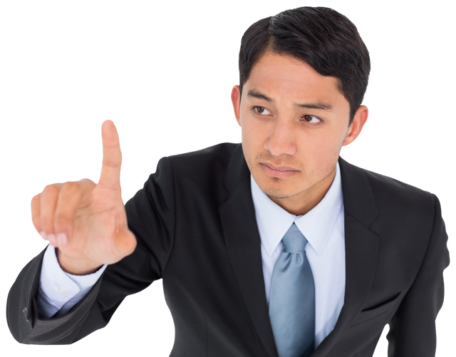 Transparent Businessman Pointing Focused in Suit Black Hair - Download Free Stock Videos Pikwizard.com