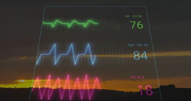 Futuristic health monitoring system over countryside sunset