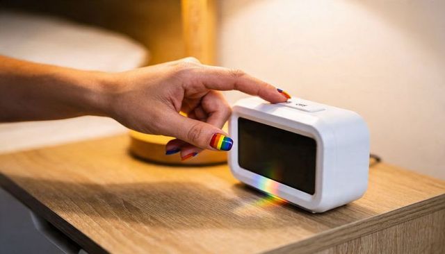 Hand pressing alarm clock button with rainbow manicure and prism light on oak nightstand