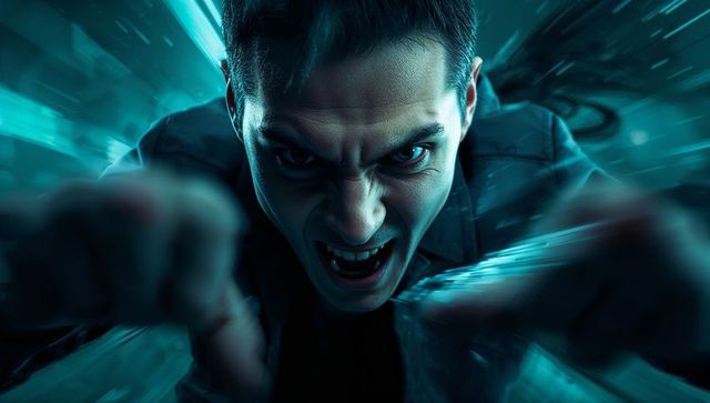 Aggressive man lunging reaching out with teal motion streaks cinematic intense closeup
