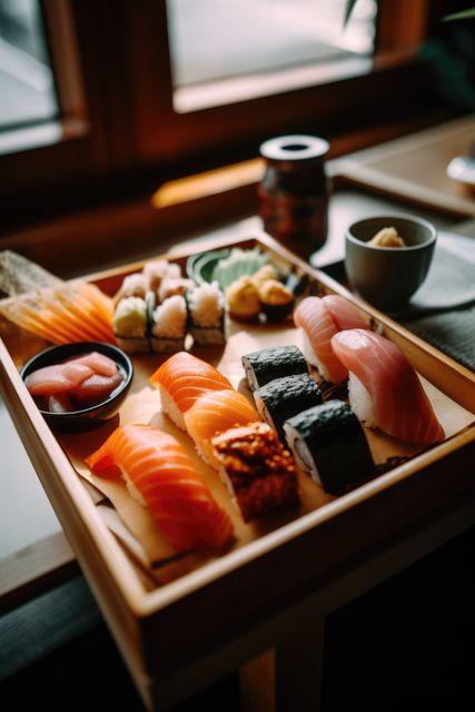 Assorted sushi platter featuring sashimi, nigiri, and maki rolls arranged neatly on a wooden tray beside a window. A small bowl of accompanying sauces and a cup are in the background, enhancing the presentation. This can be used for website articles on culinary arts, Japanese restaurants' menus, or promotional materials for gourmet dining experiences.
