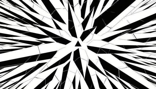 Monochrome radial shard burst radiating geometric fragmentation with sharp angular contrast