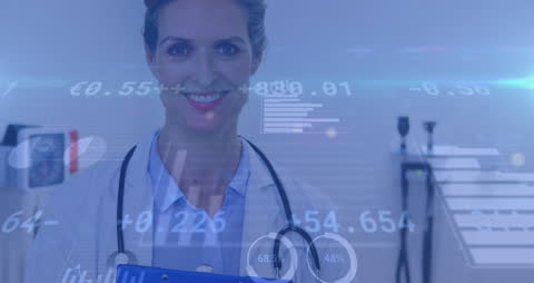 Smiling Female Doctor with Financial Data Overlay