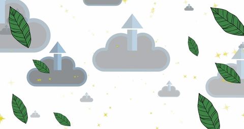 Surreal clouds with leaves and arrow icons on white background