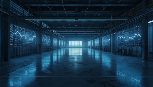 Futuristic Industrial Hall with Glowing Data Panels