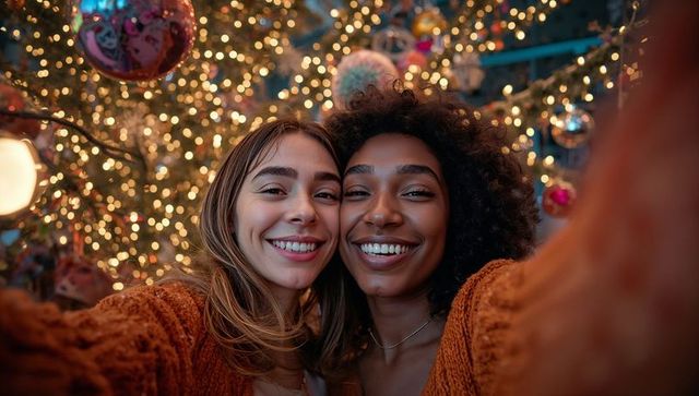 Smiling Friends Taking Selfie at Sparkling Holiday Market