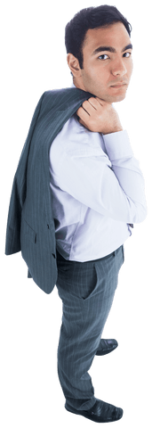 Serious Businessman Holding Jacket on Transparent Background