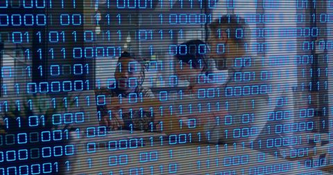 Binary Coding Overlay on Business Team Collaborating in Modern Office - Download Free Stock Images Pikwizard.com