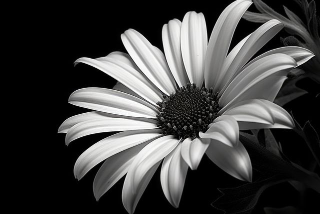 Daisy in full bloom with detailed petals in black and white. Ideal for nature-themed artwork, greeting cards, or home decor. Perfect for minimalist designs and botanical studies.
