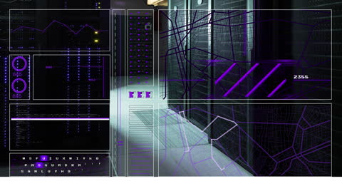 Digital Interface Animation with Data Processing Holograms in Server Room