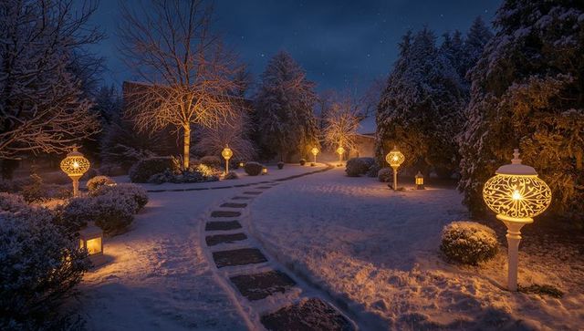 Ornate lanterns guiding curving snowy garden path under starry night