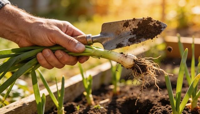 Harvesting scallions with soil-covered trowel in sunlit backyard garden bed