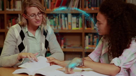 Diverse Students Studying with Animated Global Elements in Library