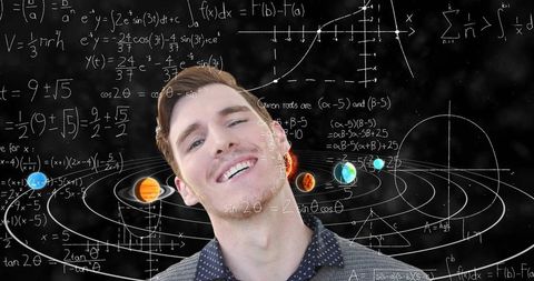 Confident Businessman Amidst Mathematical Formulas and Solar System Visualization - Download Free Stock Images Pikwizard.com