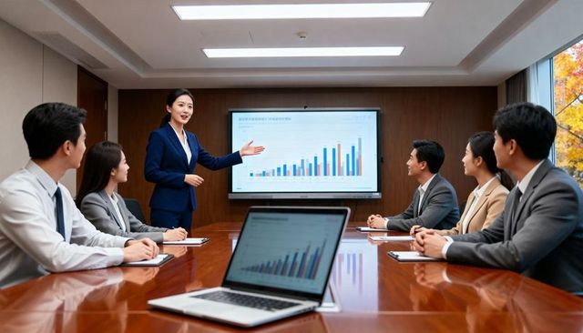 Businesswoman presenting sales growth to boardroom team with data charts and analytics