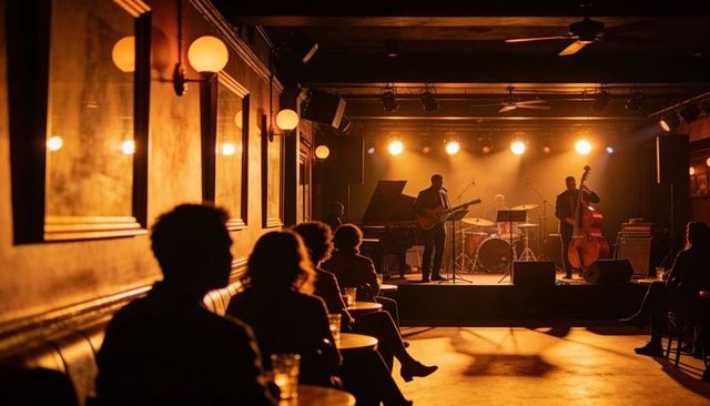 Intimate jazz band performing on lounge stage with warm backlighting and silhouettes