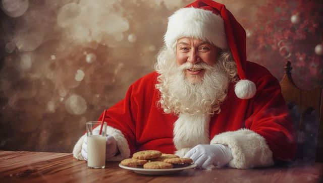 Smiling Santa Claus Enjoying Cookies and Milk in Festive Surroundings