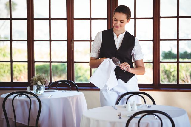 Waitress in uniform cleaning wine glass in bright restaurant with large windows. Ideal for illustrating hospitality, customer service, and dining experiences. Can be used for restaurant promotions, service industry training materials, and hospitality-related content.