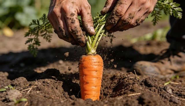 Gardener Harvesting Large Orange Carrot from Soil with Dirt-Covered Hands