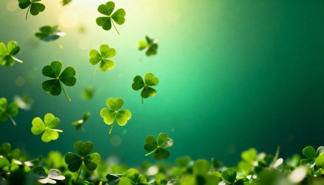Sunlit shamrock leaves drifting over soft green bokeh background for st patrick's day design