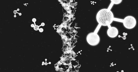 Futuristic DNA Stand and Molecules on Black Background