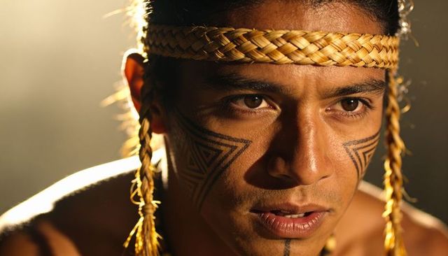 Hispanic man wearing braided straw headband and geometric tribal face paint closeup