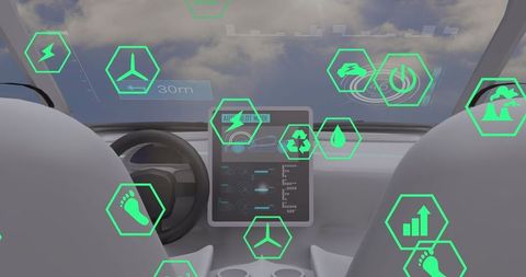 Futuristic Car Interior with Digital Interface and Eco Icons