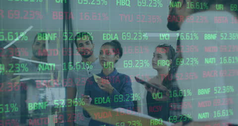 Collaborative Team Brainstorm in High-Tech Office with Finance Overlays