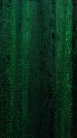 Vertical panning close-up revealing weathered green paint panel with cracked texture