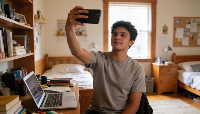 College student taking selfie in dorm room with laptop, books and natural light, casual