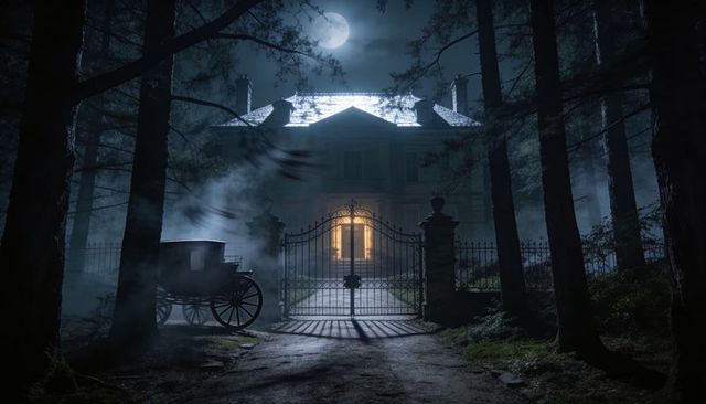 Moonlit victorian manor glowing behind wrought-iron gate casting long foggy shadows