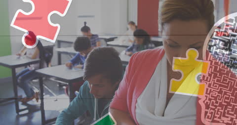 Conceptual Education Illustration with Teacher and Puzzle Graphics