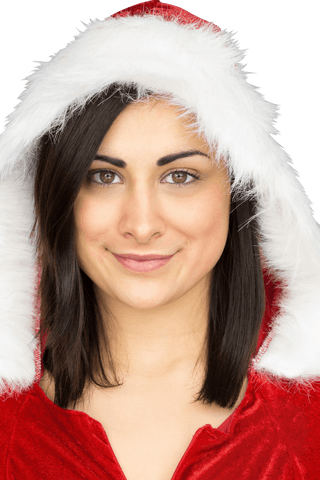 Festive woman smiling in transparent santa hood
