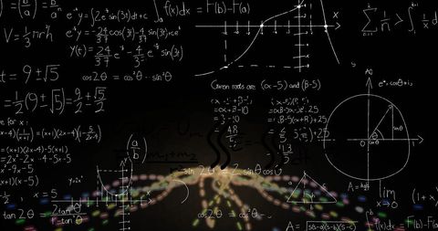 Mathematical formulas and light trails representing data processing