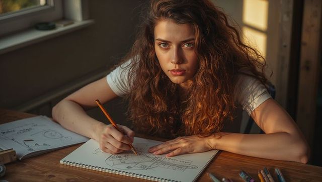 Young woman sketching technical diagrams in sunlit studio at wooden table, focused student