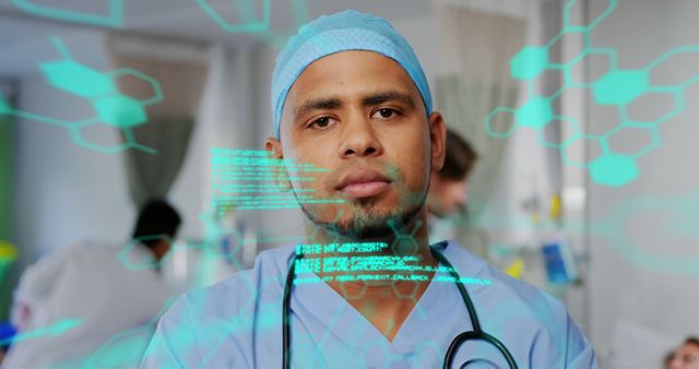 Healthcare professional wearing scrubs and stethoscope, looking at augmented reality screen. Can be used for medical technology advancements, healthcare innovation, or the future of medical education and training.
