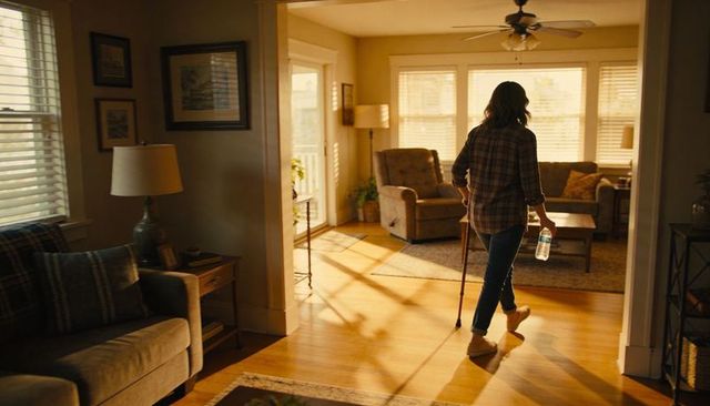 Walking woman with cane crossing sunlit cozy living room carrying water bottle