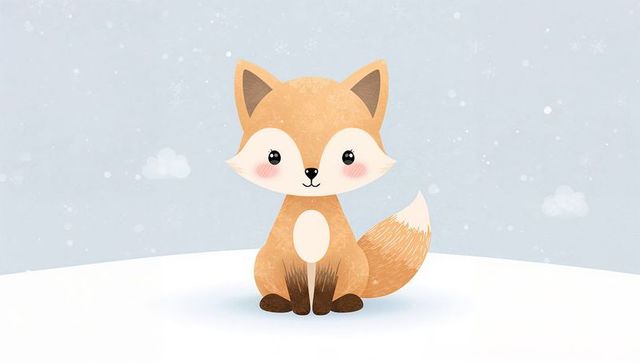Sitting cute fox observing gentle snowfall on snowy hill, pastel winter cartoon