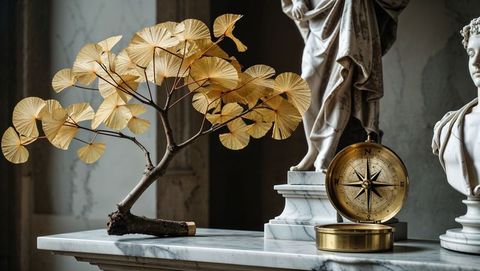 Antique brass compass and ginkgo-like golden foliage with classical sculptures