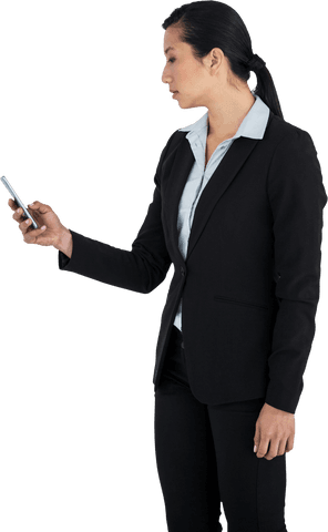 Transparent Businesswoman Looking at Mobile Phone in Profile