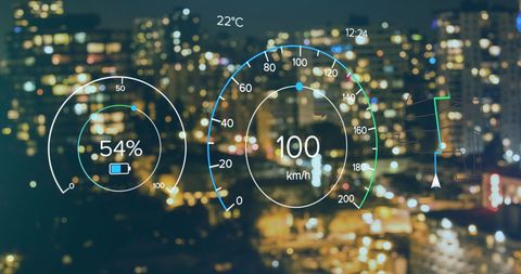 Futuristic car dashboard data display over cityscape at night