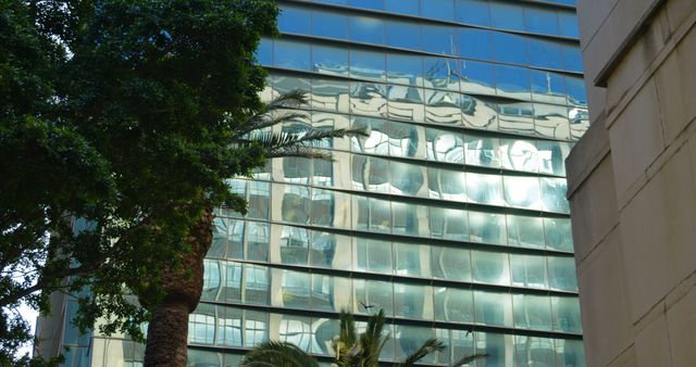 Glass facade of a modern high-rise building showing reflections of another architectural structure. Urban environment with surrounding trees and palms adds a mix of nature and city elements. This image is ideal for use in projects related to urban development, modern architecture, cityscapes, and environmental design, providing an interesting visual of the interplay between nature and urban structures.