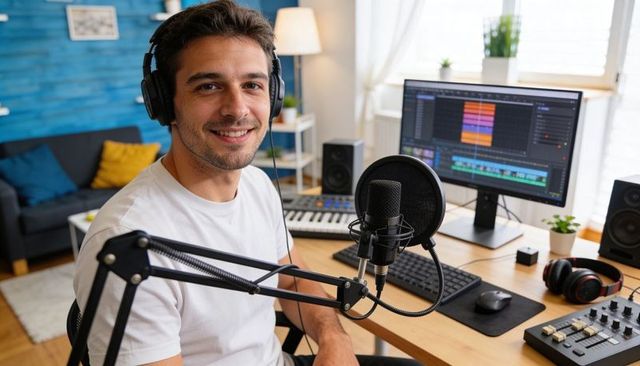 Smiling podcaster recording in modern home studio with condenser mic and daw workstation