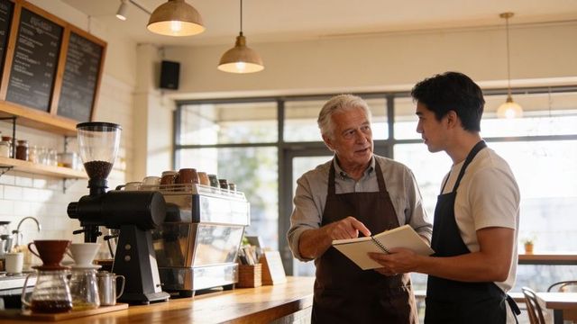 Senior barista training young trainee taking notes behind busy espresso bar in daylight
