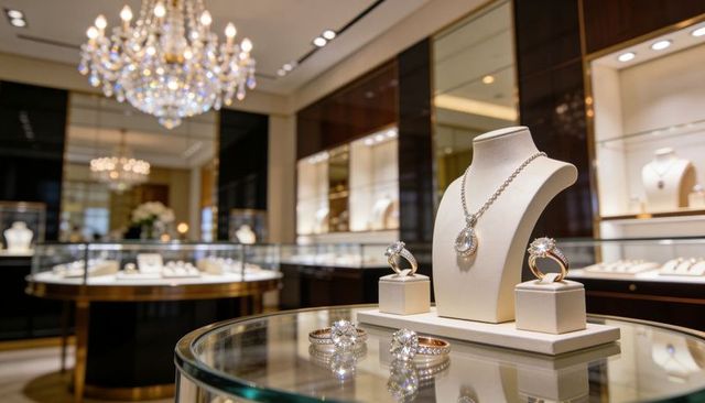 Displaying teardrop diamond necklace and engagement rings on cream bust in luxury boutique